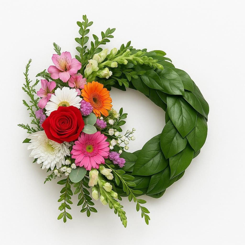 A salal-leaf wreath with a red rose, gerberas and snapdragons